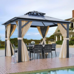 Hardtop Double Roof Gazebo with Netting and Shaded Curtains